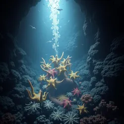 Deep sea creatures gathering near thermal vents