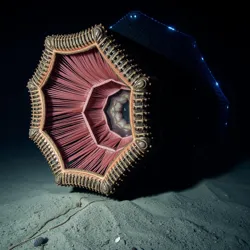 A massive hexagonal-shaped organism filter feeding in the abyss