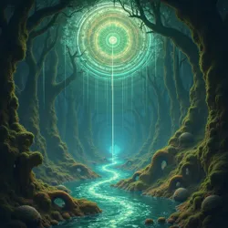 Artist's rendering of the vast underground network comprising the Mycelial Labyrinth, showing the luminescent pathways that connect various consciousness nodes