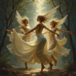 Classical painting depicting the Neurotransmitter Nymphs in their traditional flowing forms, carrying messages between synaptic realms