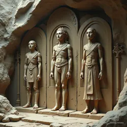 An ancient stone carving discovered in a ceremonial cave showing the three primordial deities of consciousness alteration