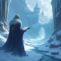 A Frost Kingdom storyteller reciting an Ice Ballad in a city carved from ice