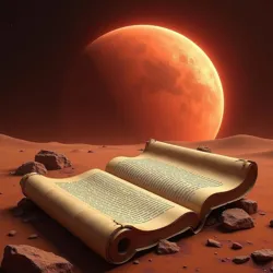 Stylized depiction of Martian scrolls and datapads against a red planet backdrop