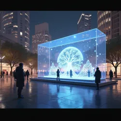 A public holographic art display in New Alexandria, showcasing the city's vibrant cultural scene and technological artistry.