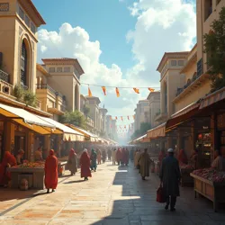 A bustling marketplace within New Alexandria, showcasing the vibrant economic activity and diverse population of the city.