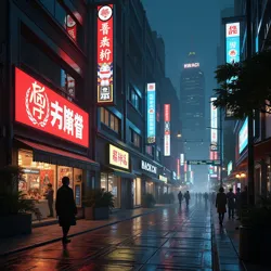 A typical street scene in Night City's Watson District, showing the stark contrast between corporate and public spaces