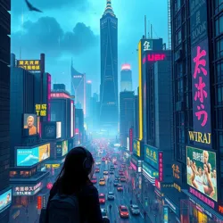 A bustling night cityscape with holographic advertisements