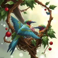 A colorful bird constructing a nest