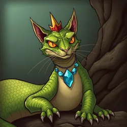 A detailed illustration of a basilisk wearing a self-help crystal necklace