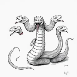 A detailed sketch of a nine-headed hydra wearing multiple neck braces