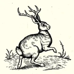 A medieval woodcut showing a Jackalope In Reverse awkwardly trying to navigate through a forest