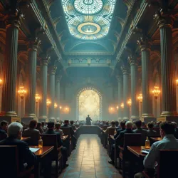 The grand hall of the Institute of Market Metaphysics, where scholars gather to discuss the economic foundations of reality