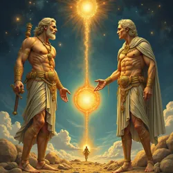 Ancient manuscript illustration depicting the first transaction between Empto and Agoré that created the universe