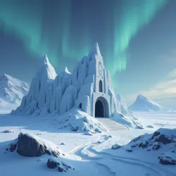 Traditional ice cave dwelling of the Rimefrost Clan, showing elaborate ice architecture and thermal engineering