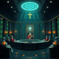 The Primary Processing Chamber where the Binary Papal Council convenes, featuring holographic voting interfaces