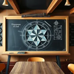 A secret meeting at The Hypotenuse of Zeal with complex mathematical symbols on a chalkboard image