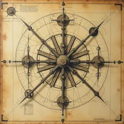 One of the earliest known technical drawings depicting the theoretical structure of the Great Mechanism, discovered in the Archives of Perpetual Motion