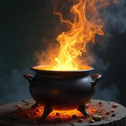 A glowing cauldron emitting rainbow-colored steam