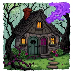 A cozy cottage nestled among twisted brambles with magical purple smoke rising from the chimney