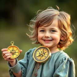 A child holding a broken golden compass while smiling