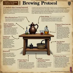 An enchanted brewing station with floating moral compasses