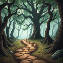 A twisted path through an enchanted forest leading to multiple destinations