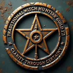 The official insignia of the Traditional Witch Hunters' Guild, featuring their motto "Clarity Through Certainty"