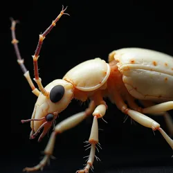 Shows the morphology of Troglobium Pheromontis, emphasizing its lack of eyes, elongated antennae with chemoreceptors, and pale exoskeleton as adaptations to its dark environment.