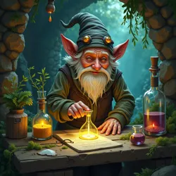 Shows Claus Jabbers as a young gnome, immersed in alchemical studies within his subterranean workshop, exploring Underdark flora.