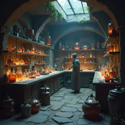 The alchemist Claus Jabbers in his Fellreeves Mountains laboratory filled with specialized equipment for philtre production.