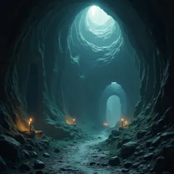 A labyrinthine cave system with shadowy creatures and hidden pathways, representing the common themes of mystery and danger in Underdark folklore.