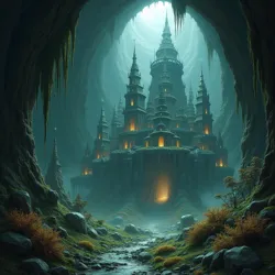 Drow city carved into a massive cavern, intricate stonework, and spiderweb-like structures, reflecting their matriarchal society.