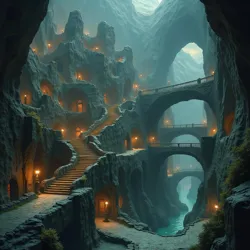 Eryndlyn's urban layout within interconnected caverns, featuring bridges, stairways, and unique Underdark architecture.