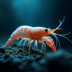 Translucent Geothermal Vent Shrimp thrive in the Azure Eye's unique ecosystem, adapted to the warm, mineral-rich waters.