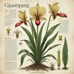 Detailed botanical illustration of the Gloompetal Orchid, highlighting its unique adaptations to the Underdark environment.