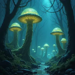 Towering phosphorescent fungi characterize the Gloomwood, a unique biome in the Underdark.