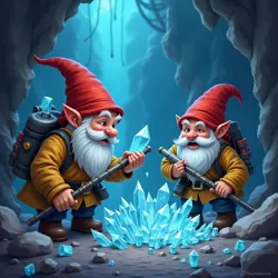 Gnome miners extracting crystals with specialized tools and techniques in the cavernous Crystal Peaks.