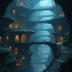 Multi-tiered obsidian structures with suspended bridges and spiraling stairways, reflecting the cavernous environment and Drow aesthetics.