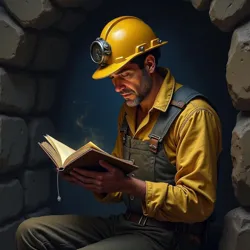 An Underdark miner reading a chapbook about mining techniques, highlighting the practical knowledge shared through these booklets.