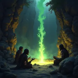 Ancient Underdark inhabitants sharing stories around a geothermal vent, illustrating the oral traditions and beginnings of folklore.