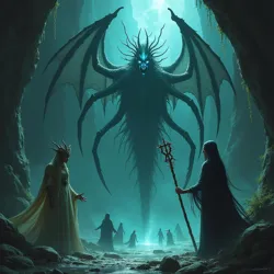 Representations of Underdark deities, including the Spider Goddess, Vorganshleth the Shadow Serpent, and Eilistraee the Silver Maiden, showcasing the complex religious landscape.