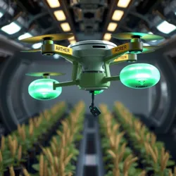 An automated pollination drone tending to tomato plants in a low-gravity environment