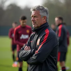 Rubin Amorim discusses tactics with his coaching staff during a training session at Carrington