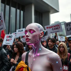 ASM supporters demonstrating with holographic body modifications outside the Global Enhancement Center