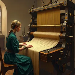 A master weaver operates one of Logickhaven's renowned computational looms, its brass fittings gleaming in the calculation hall's amber light