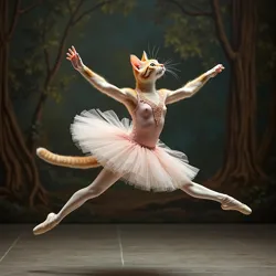 A principal dancer from The Purr-fect Pointe performing the iconic leap from "The Nutcracker: Catnip Dreams"