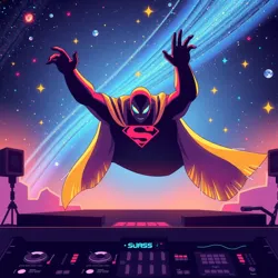 A dynamic scene capturing a superhero DJ with mutant abilities mixing beats under a starry sky