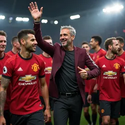 Ruben Amorim celebrates with Manchester United players after securing the 2024-25 UEFA Europa League title against Roma