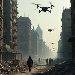 Autonomous combat drones patrol the ruins of Georgetown, 2035