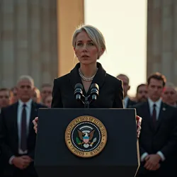 President Andrea Frost delivering her final address at the Lincoln Memorial moments before her assassination, March 15, 2031